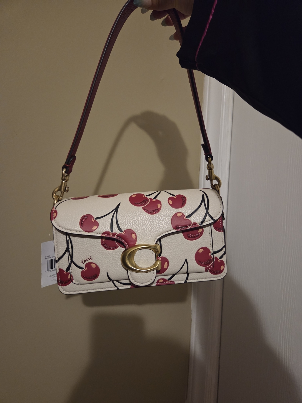 Coach 20 White Leather Shoulder Bag with Red Cherry Print